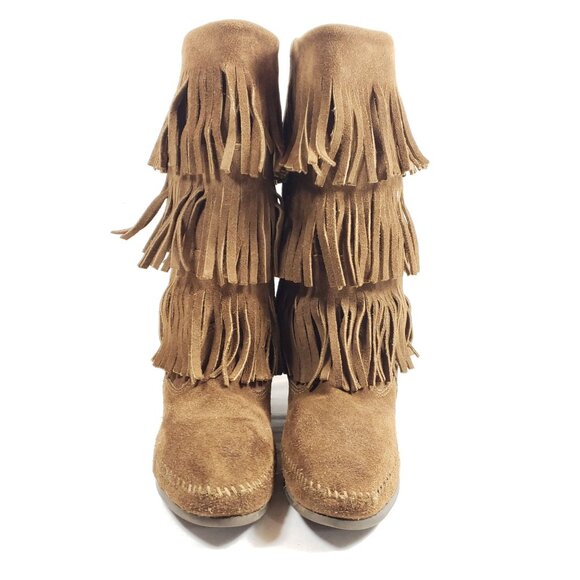 Minnetonka Womens Size 7 3-Layer Fringe Brown Suede Moccasin Boots - Picture 6 of 8